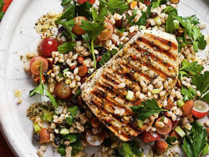 Chargrilled Swordfish with grape, almond and barley salad